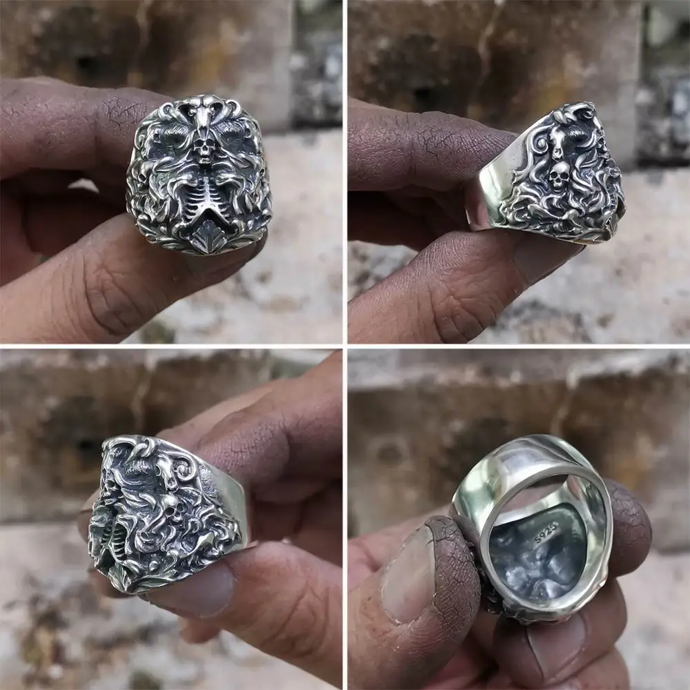 925 Sterling Silver Dark Banshee Skull Ring Mens Punk Ring TA259 US Size 7 to 15