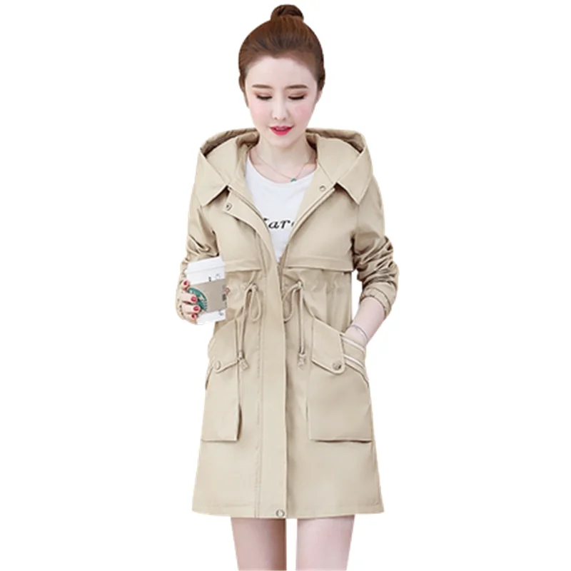 Women NewTrench Coat Female Long sleeve Windbreaker Coat Mid-Long  Hooded Coats Spring Autumn Pocket Casual Outwear Tooling A525