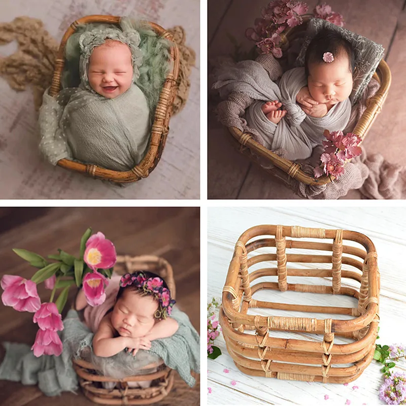 Baby Cribes Wooden Bed Newborn Photography Posing Accessories Handmade Retro Woven Basket Fotografie Studio Baby Props Shoot