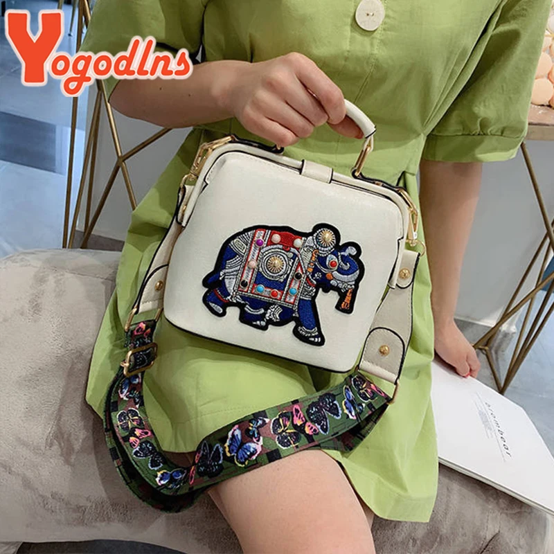 Yogodlns Luxury Shoulder Bag For Women PU Leather Crossbody Bag Vintage Embroidery Elephant Handbag Designer Lady Purse Bolsas