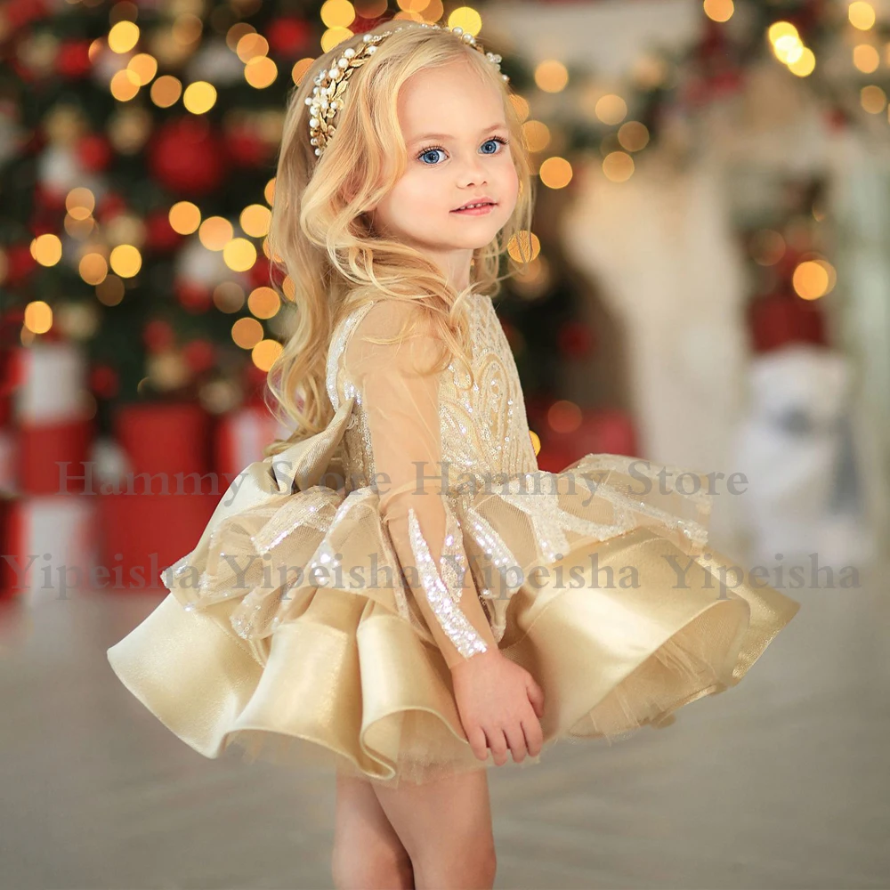 Vestidos de tutú champán para niña, mangas largas, lentejuelas, Puff, vestidos de fiesta de desfile, vestido de flores brillante para niño pequeño