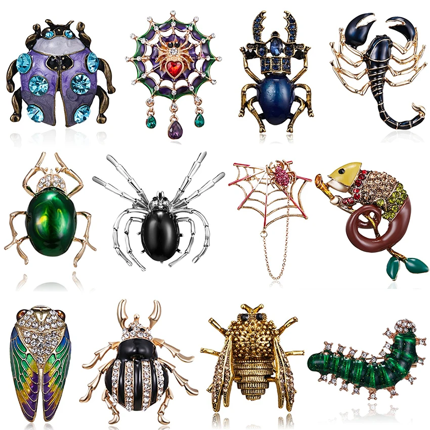 Fashion Insects Enamel Pins Cute Cartoon Beetle Spider Brooch Bag Clothes Lapel Pin Gothic Animal Jewelry Gift for Kids Friends