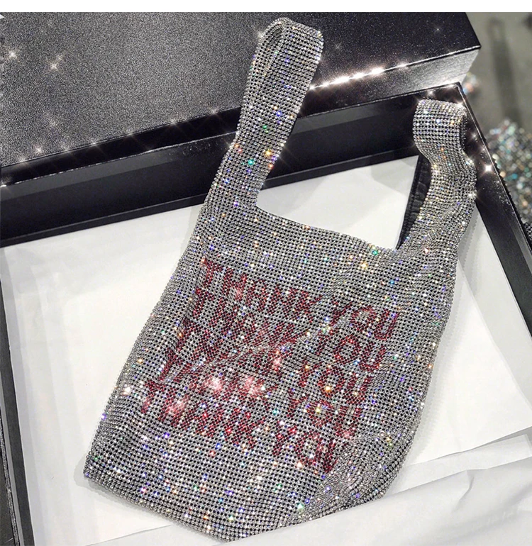 Thank You Sequins Bags Women Small Tote Bags Crystal Bling Bling Fashion Lady Bucket Handbags Vest Girls Glitter Purses Brand