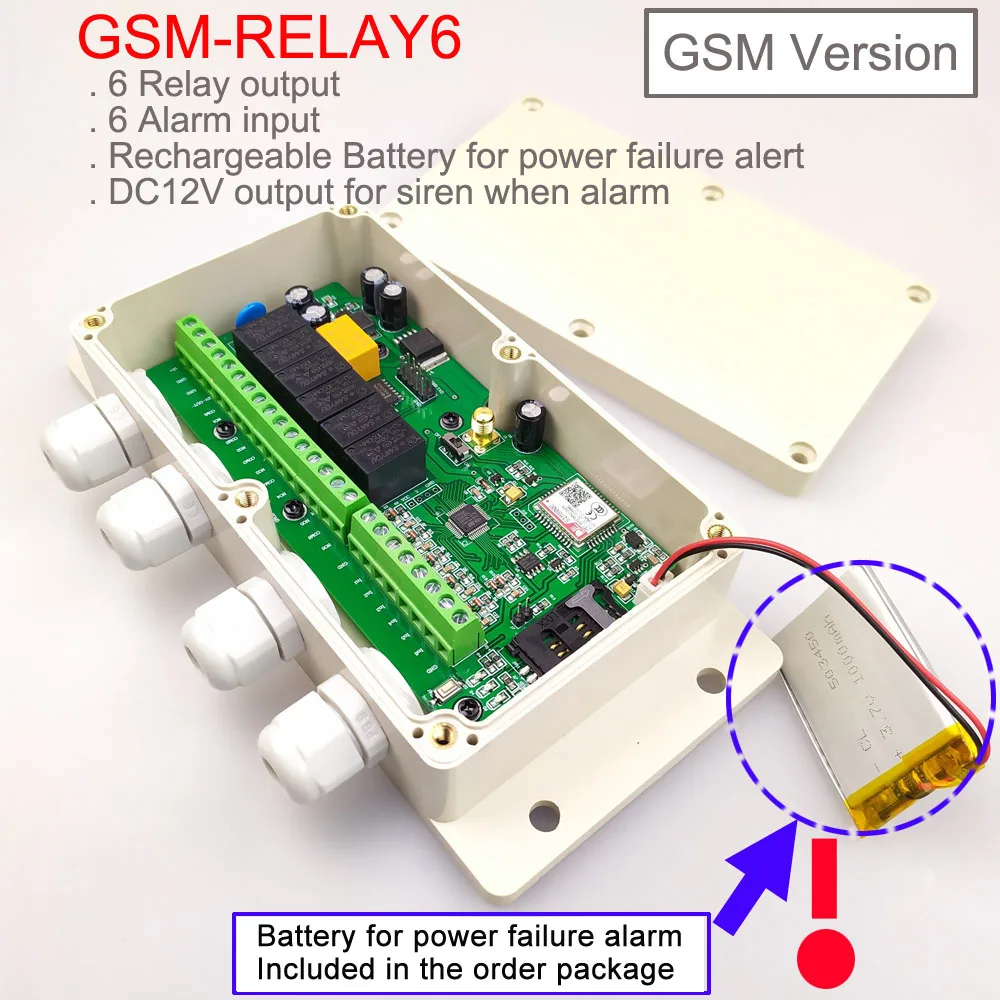 GSM-RELAY6 Six GSM remote control relay output and Six alarm input port Rechargeable battery for power failure alert