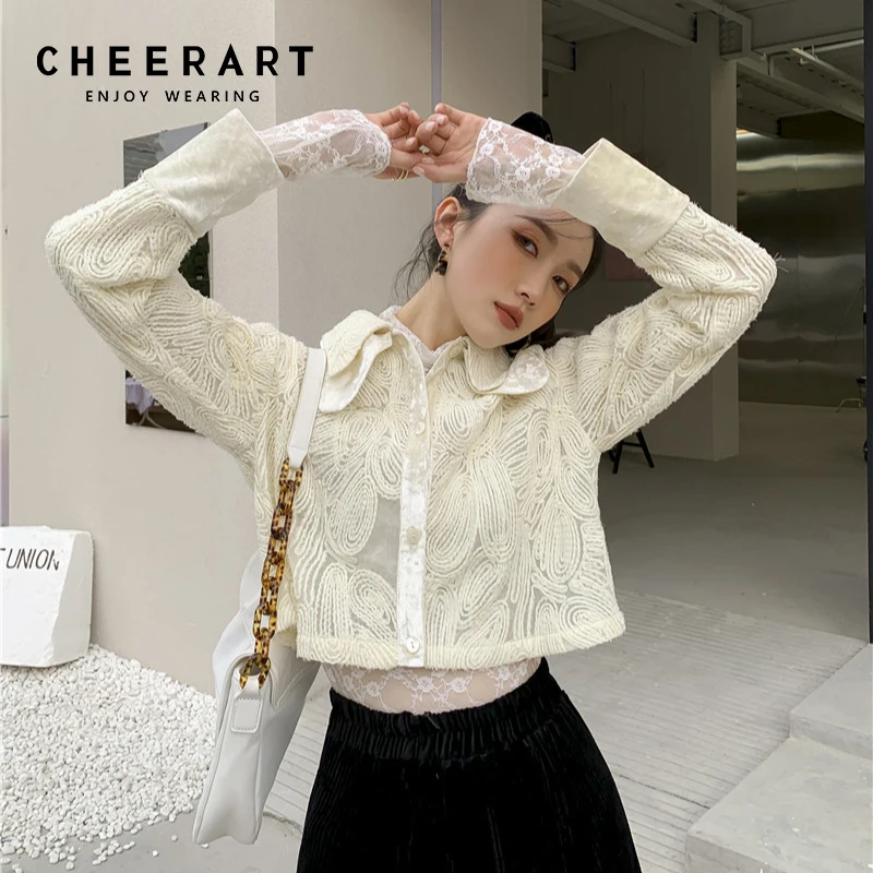 

CHEERART Corset Embroidered Crop Top Shirt For Women Designer Korean Fashion Button Up Layer Collared Shirt Blouse Spring Autumn