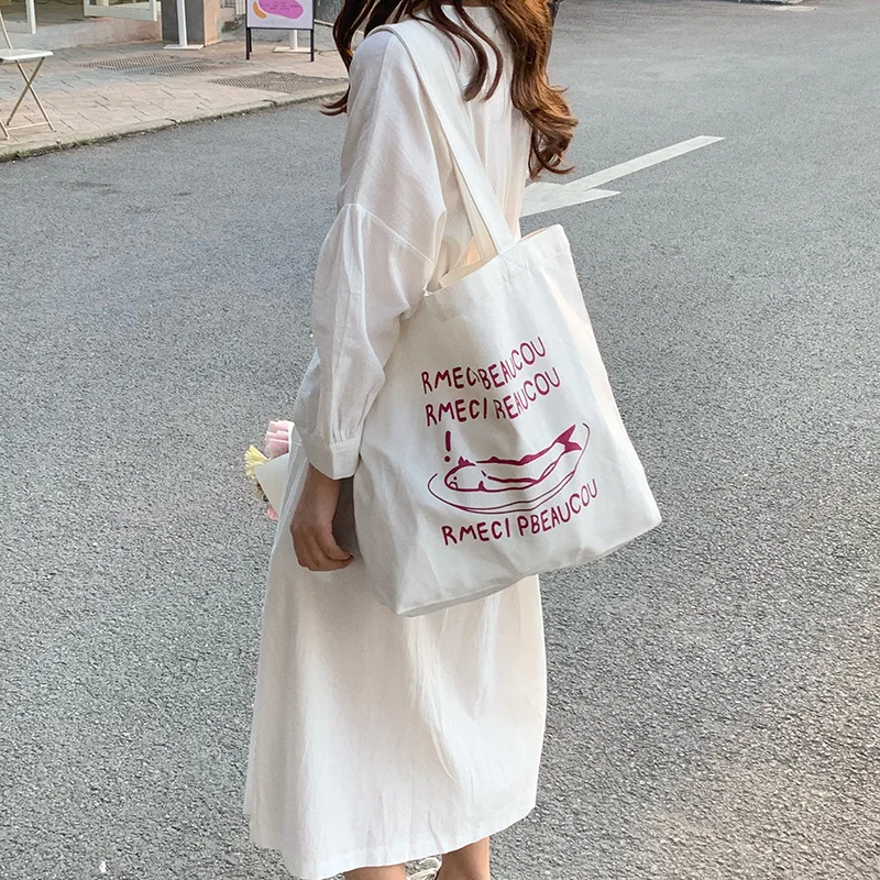 

White casual canvas bag student shoulder bag wholesale shopping tote bag portable grocery bag eco friendly cloth bag