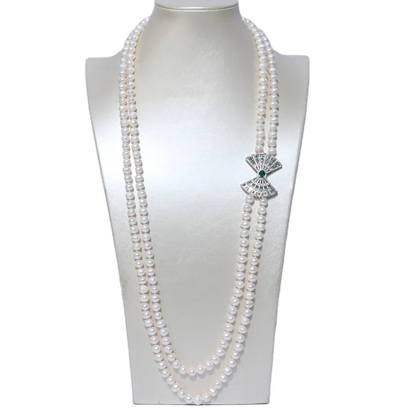 

Natural Pearl 25"-28" 2 Strands White Similar Round freshwater Pearl bowknot connector Long necklace for women