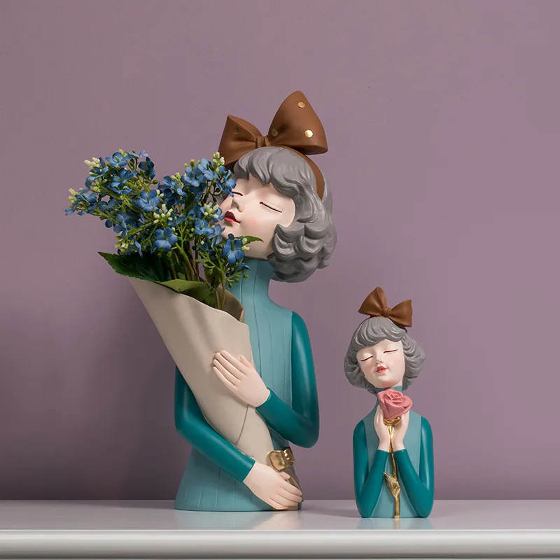 

Nordic Ins Creative Resin Girl Sculpture Ornaments Home Living Room Desktop Dried Flower Vase Decor Crafts Girl Birthday Gifts