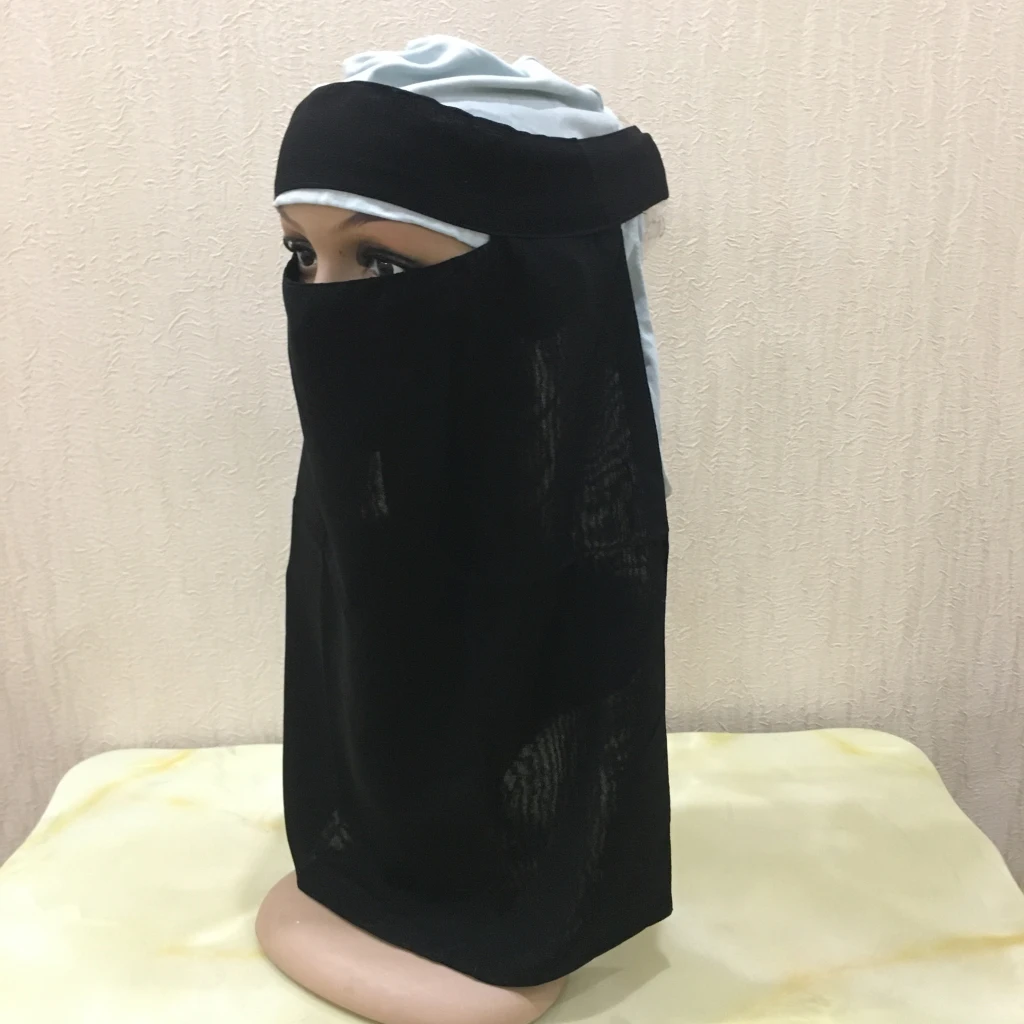 H211 Tessuto chiffon monostrato niqab cravatta posteriore copertura viso sciarpa hijab musulmana foulard solo berretto turbante di colore nero cofano