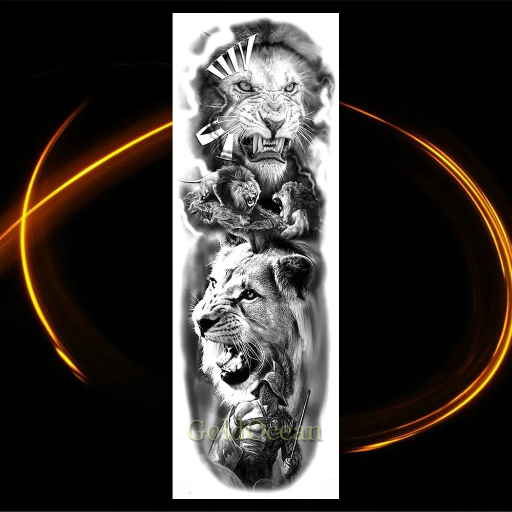 Ferocious Lion Military Temporary Tattoos Realistic Fake Full Arm Dark Angle Gun Rose Long Sleeve Tattoo Sticker For Women Men