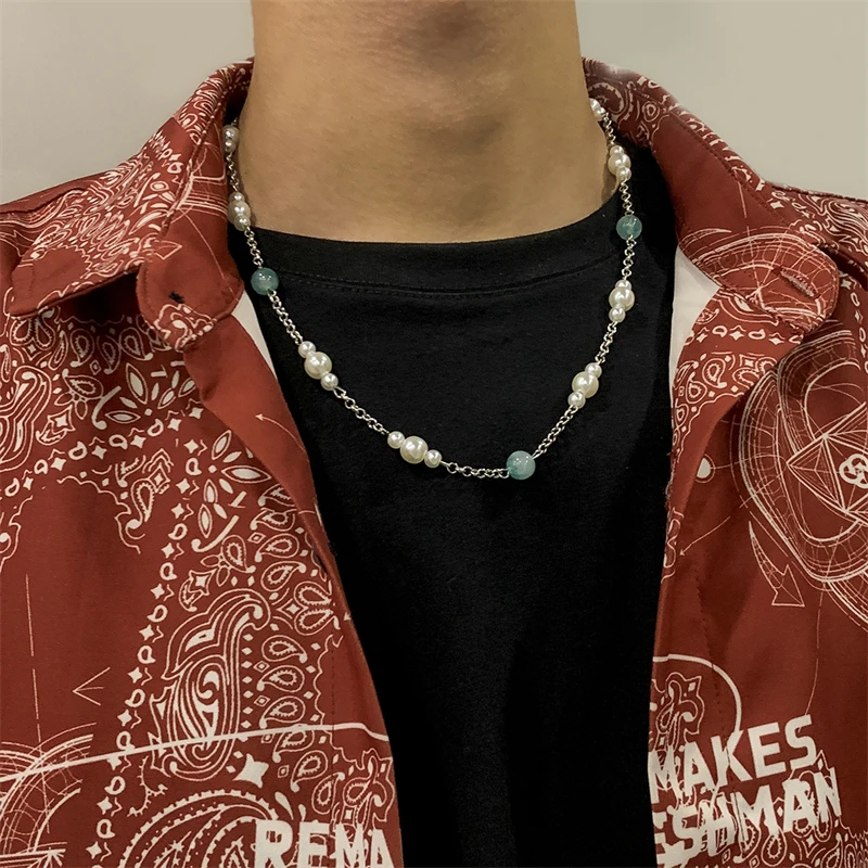 Personalized Fashion Imitation Pearl Two-Color Beaded Necklace Trend Hip-Hop Simple Design Men’s Jewelry Party Accessories Gifts