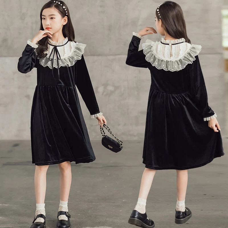 Girls Velvet Dress Lace Patchwork O Neck High Waist Knee Length Lolita Children Dresses Autumn Winter Kids Clothes 6-16 Years