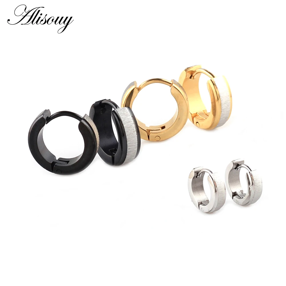 Alisouy Punk Gold color Stainless Steel Hoop Earrings Simple Style Circle brushed Fashion Earrings for Women Men Jewelry