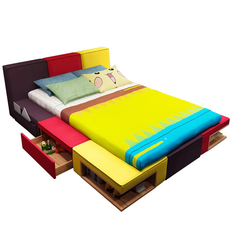 Cama infantil menino combinação de cores tecido de cama crianças dos desenhos animados quarto de cama de móveis para crianças