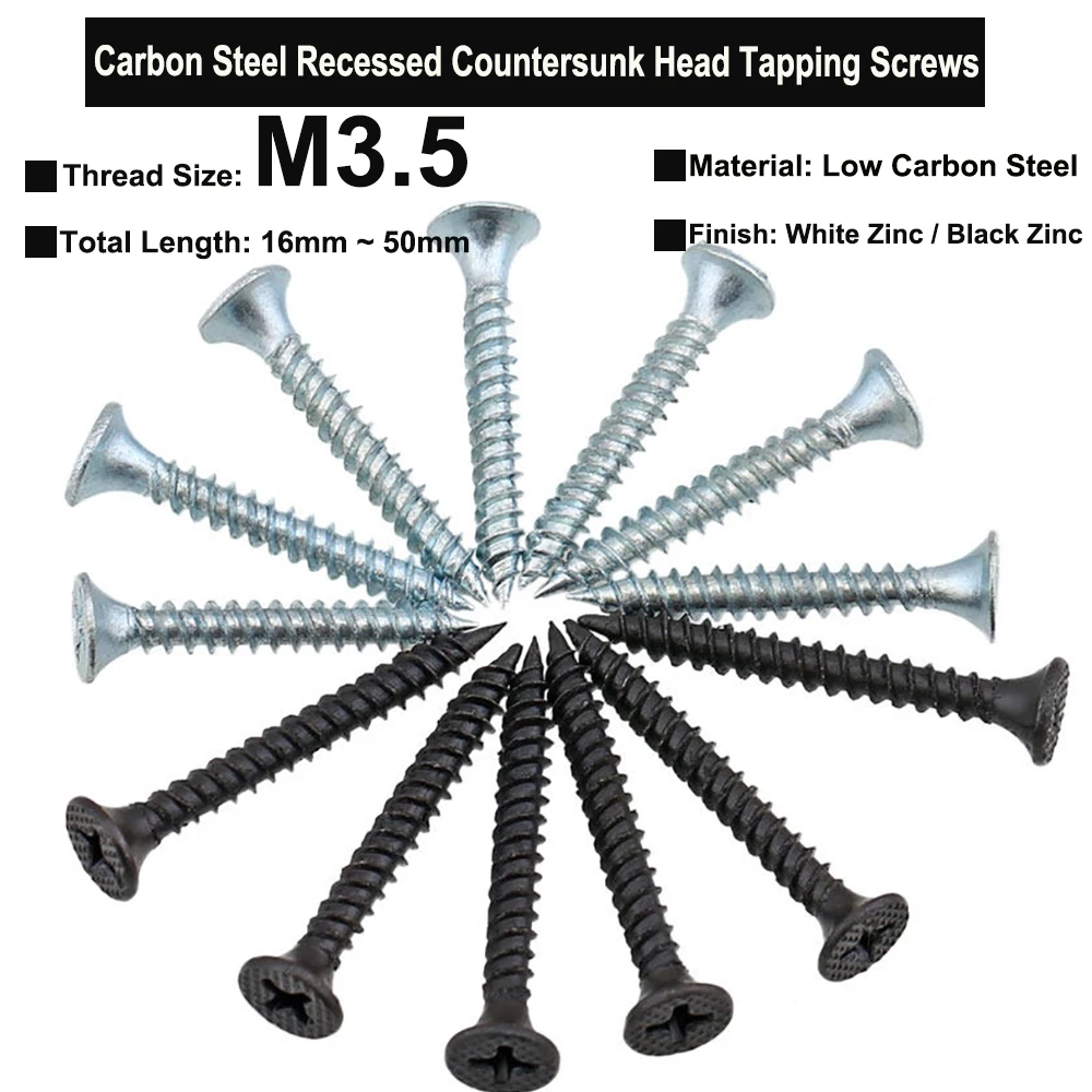 100/50Pcs M3.5x16mm~50mm Carbon Steel Black Zinc / White Zinc Plated Phillips Cross Recessed 90° Countersunk Head Tapping Screws