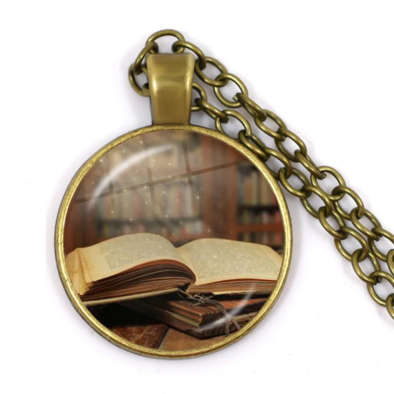 Hot Old Book Necklace Vintage Library Art Pattern Glass Cabochon Pendant Badge Statement Necklace Nerd Reader Bookworm Gifts