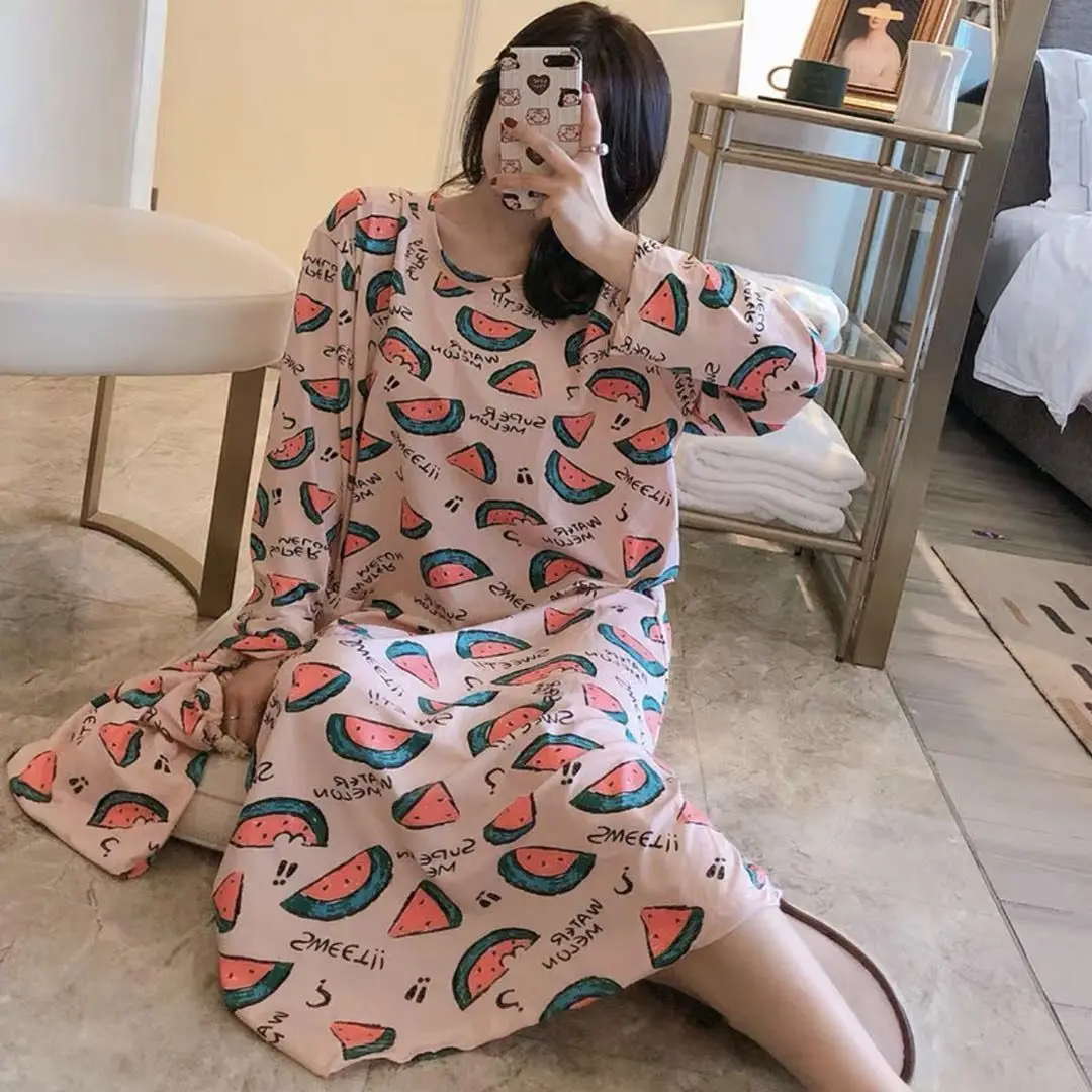 Oversize 5XL Women Nightgown Sleepwear Sweet Pink Strawberry Nightdress Modal Long Sleeve Long Home Dress Spring Autumn Dress