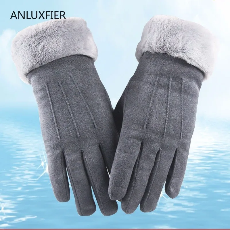 

H9880 Suede Gloves Women Full Winter Plus Velvet Thick Hand Muff Female Plush Wrist Touch Screen Cycling Simple Elegant Mittens