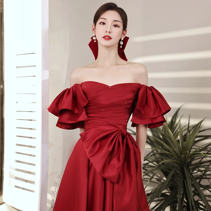 Toast Dress Bride 2021 New Engagement Evening Dress Female Cover Arm Wedding Wine Red Toast Dress A286