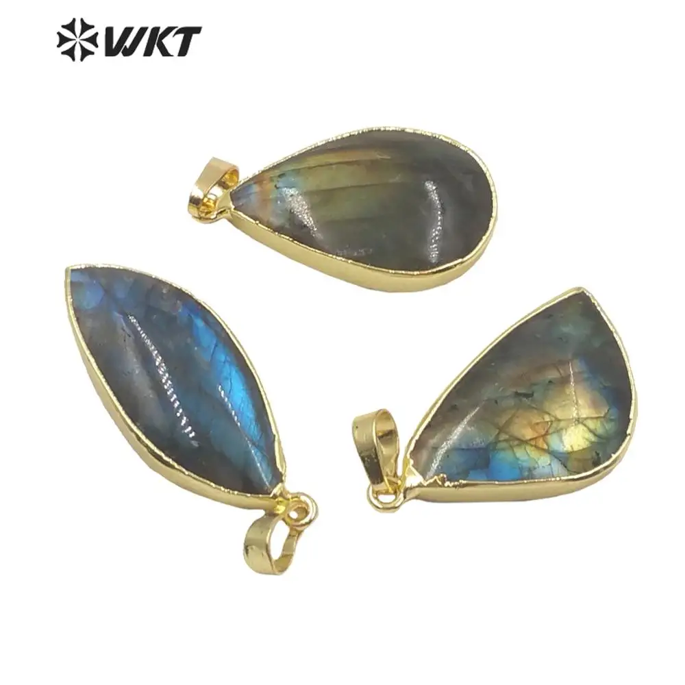 WT-P597 Wholesale Randomly shape Flash labradorite pendant with gold dipped on edged Natural Gemstone Jewelry