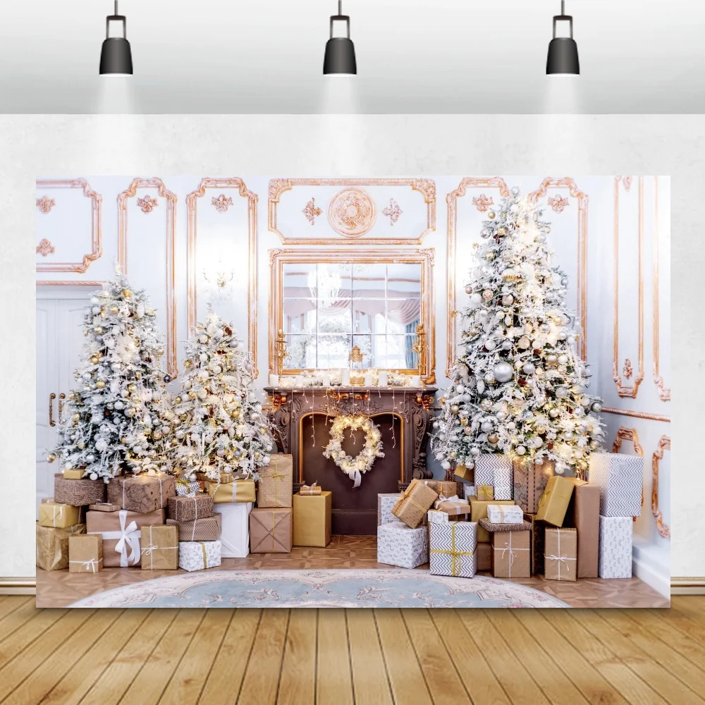 Laeacco Luxury Decor Merry ChristmasเทศกาลเตาผิงTreeของขวัญChic Wallภาพเด็กทารกถ่ายภาพพื้นหลังฉากหลัง