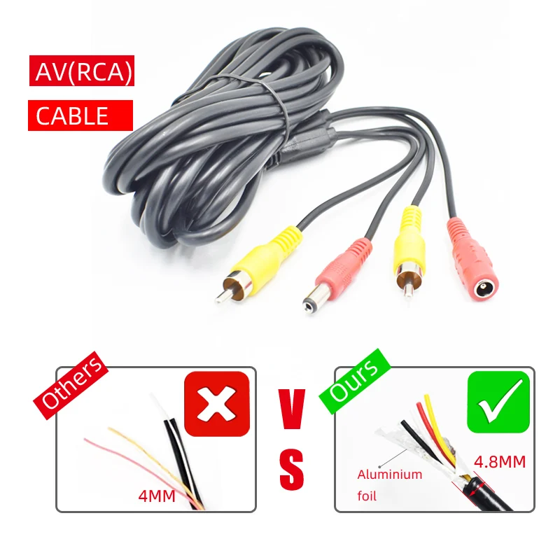 차량 백업 후면보기 카메라용 AV/RCA 연장 케이블, DVR 비디오 시스템 모니터 와이어, DC 전원 라인, 5 m, 6 m, 10 m, 15 m, 20m