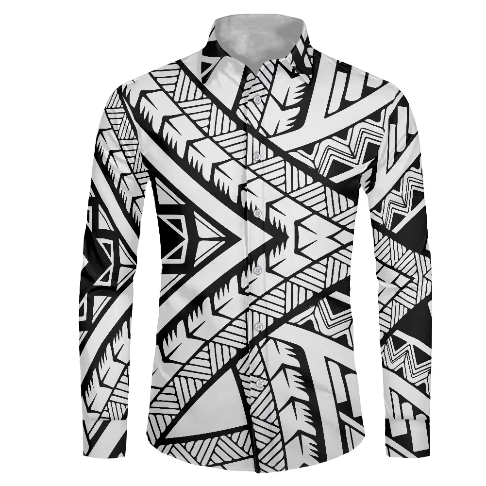 HYCOOL Shark Teeth Tattoos Tribal Print Samoan Fall Dress Shirt Men Polynesian Oversized Button Up Shirt White Long Sleeve Shirt