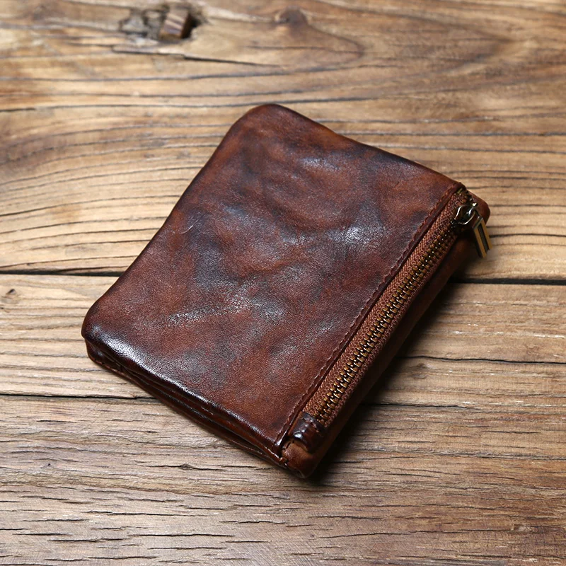 NZPJ Herren-Geldbörse aus Rindsleder, Retro-Geldbörse, Leder, kurze Damen-Geldbörse, pflanzlich gegerbtes Leder, vertikale Geldbörse, Jugend-Reißverschluss, Ausweishülle – Detail 5