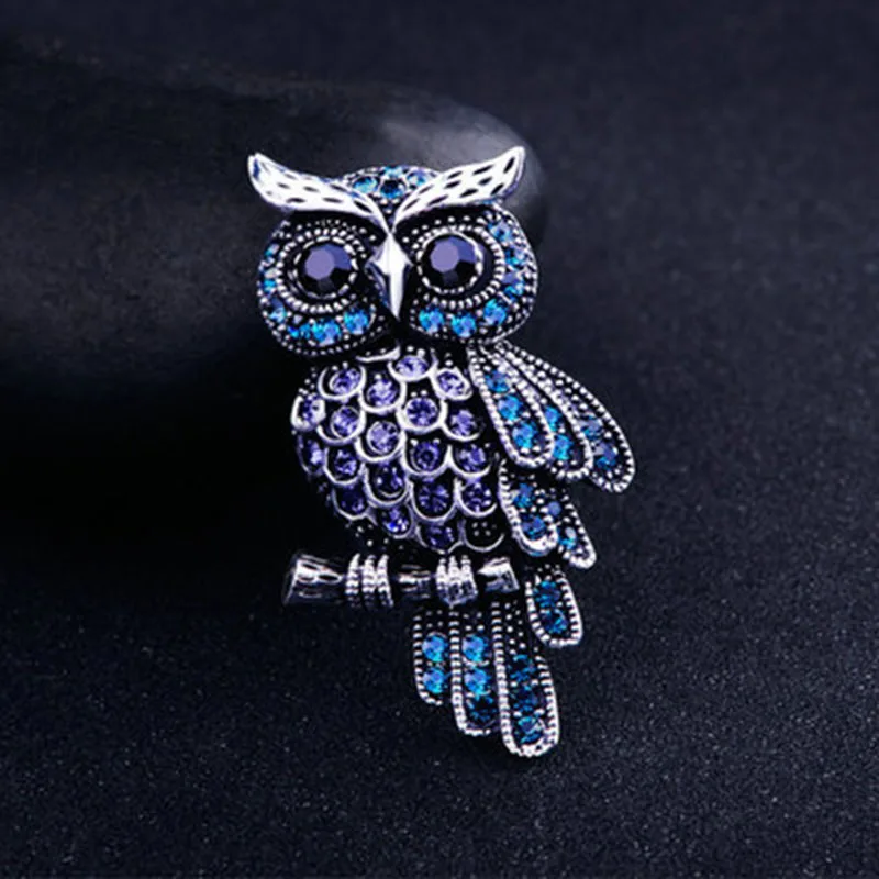 Fashion Owl Brooch Trendy Imitation Rhinestone Blue Brooch Badge Pins for Women Men Christmas Gifts