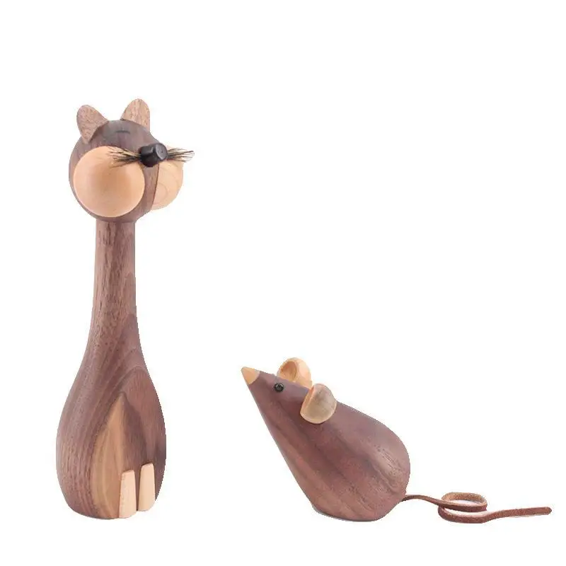 Wooden Animals Ornaments Nordic Danish Style Doll Cat Mouse Room Ornaments For Furniture Statues Sculptures Desk Decorative Cute