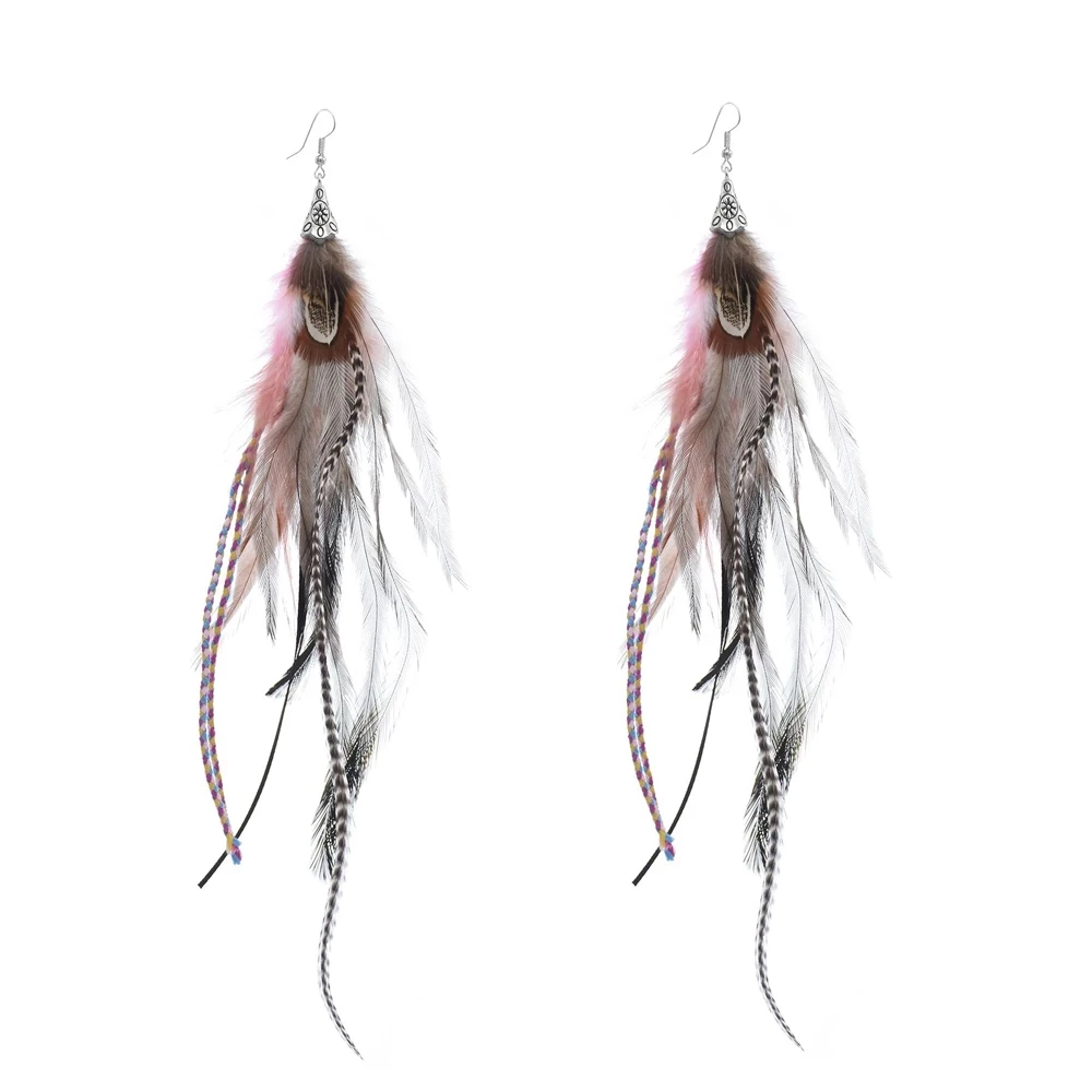 Bohemian Ethnic Zebra Pattern Pure Natural Feather Long Earrings For Women Fashion Rice Bead Chain Feather Tassel Earrings