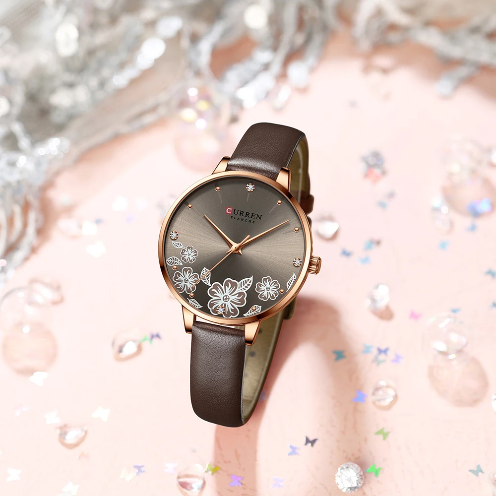 CURREN – montre-bracelet en cuir pour femmes, étanche, Design de luxe, rétro, cadran à fleurs