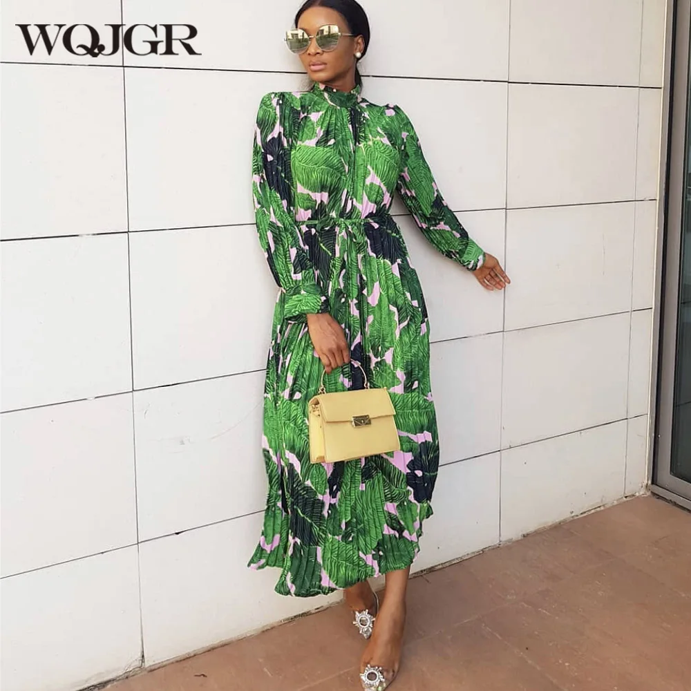 

VKBN Summer Maxi Dresses for Women Casual Sashes Ruched Full Sleeve Green Party Evening Printing Y2k Dress Female Clothing