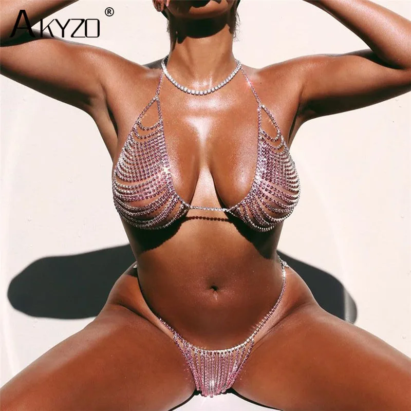 Shiny Rhinestones Bikini Set Women Sexy Halter Bra Thong Panty Outfits Summer Beach Bathing Suit Body Chain Crystal Swimsuit