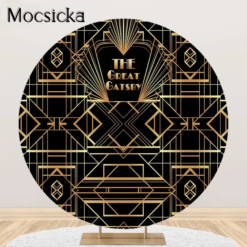 Mocsicka 1920s Great Gatsby Backdrop Adult Black Gold Roaring 20s Bday Party Decoration Round Elastic Circle Cover Photoshoot