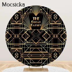 Mocsicka 1920s Great Gatsby Backdrop Adult Black Gold Roaring 20s Bday Party Decoration Round Elastic Circle Cover Photoshoot