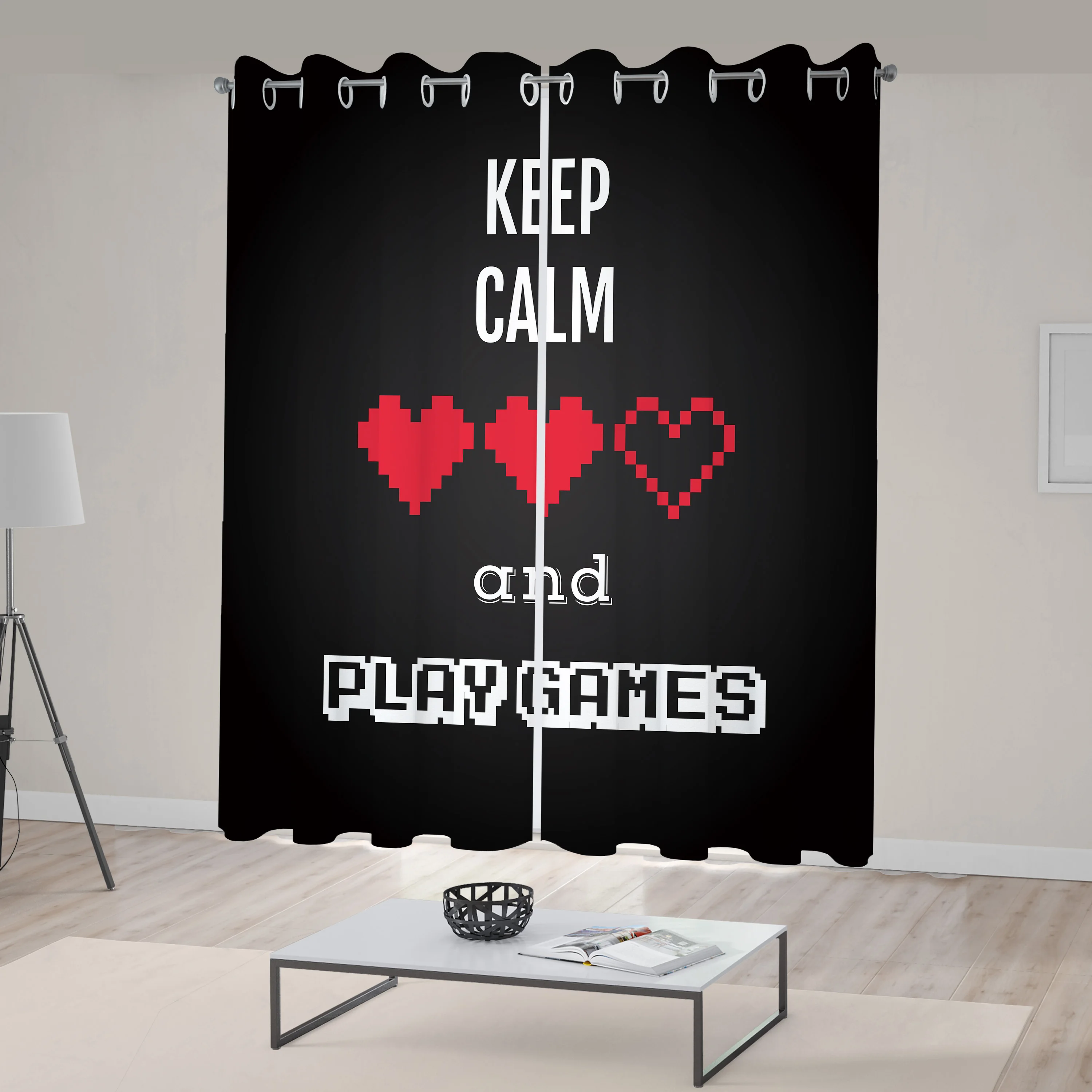 Gamer Curtains Motivational Keep Calm Words with Videogame Theme Ombre Background Living Room Bedroom Window Drapes Charcoal