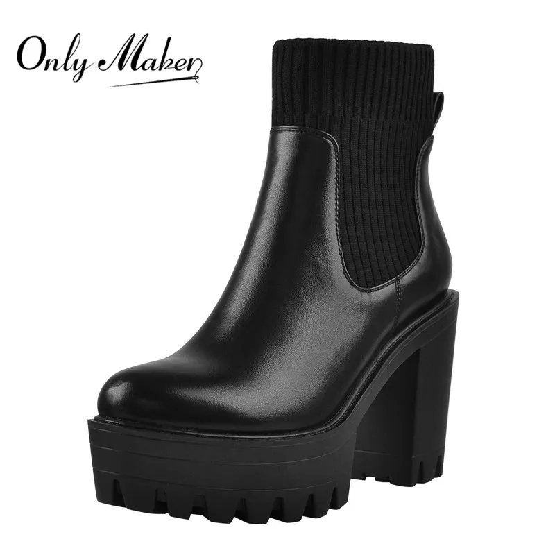 

Onlymaker Woman Platform Round Toe Black Chunky Thick Heels Lycra Ankle Boots Autumn Winter Platform Chelsea Big Size Booties