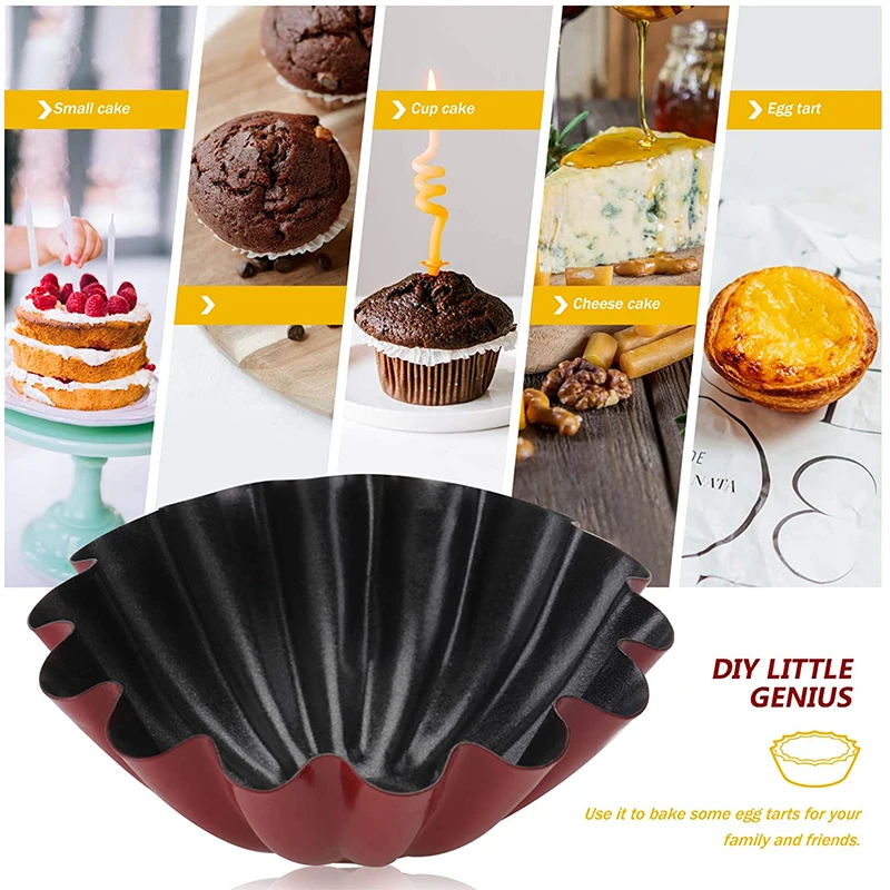 6Pcs Carbon Steel Egg Tart Molds Mini Tart Pie Pan Fluted Design Cupcake Baking Mold Non-Stick Quiche Flan Pan Muffin Baking Cup