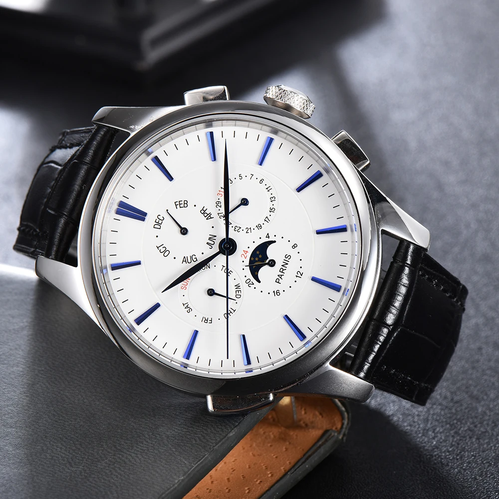 Fashion Parnis 45mm White Dial Men Watch Automatic Mechanical Blue Scale Calendar Leather Strap Mens Sports Watches reloj hombre