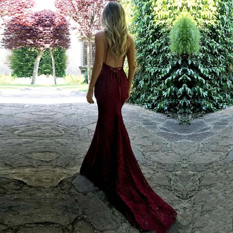 wei yin AE0374 Elegant Spaghetti straps Deep V Neck Burgundy Evening Dress Mermaid Backless Lace Ladie Long Evening Party Dress