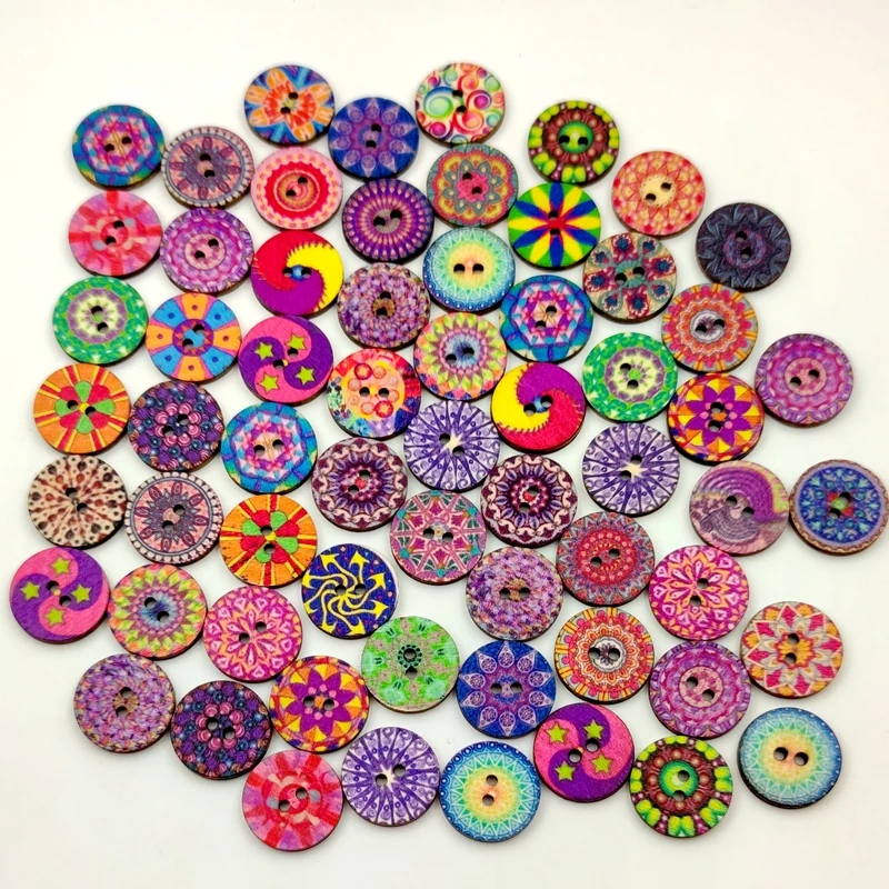 100Pcs Multicolor Retro Pattern Wooden Buttons For Handwork Sewing Scrapbook DIY Crafts Clothing Accessories Gift Card Decor