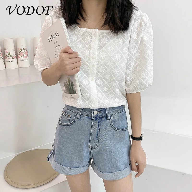 Off Shoulder Tops Summer Cute Preppy Style Girls Crochet Hollow Out Lace White Shirt Retro Vintage Women Korean Chic Blouse