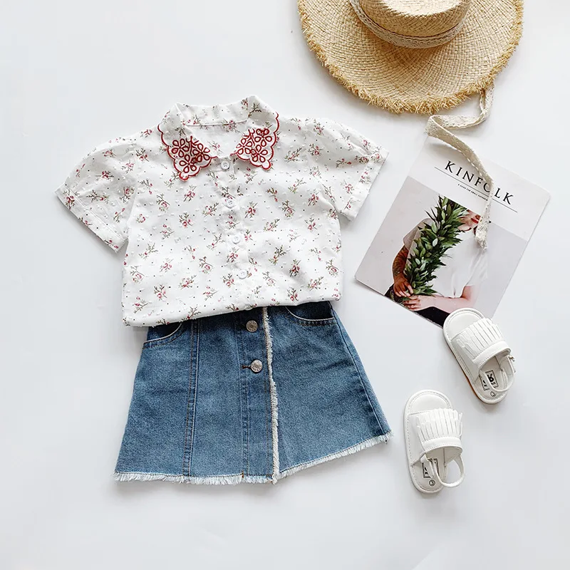 Summer Girls Fashion Embroidery Flower Short Sleeve Blouse Baby Kids Children Shirt