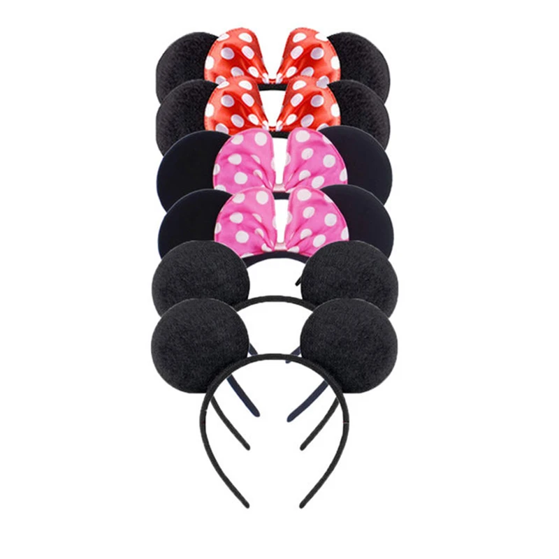 6Pcs Mickey Mouse Ears Solid Black Red Bow Headband Set Costume Deluxe Fabric Mouse Ears Headband for Party Favor Decorations