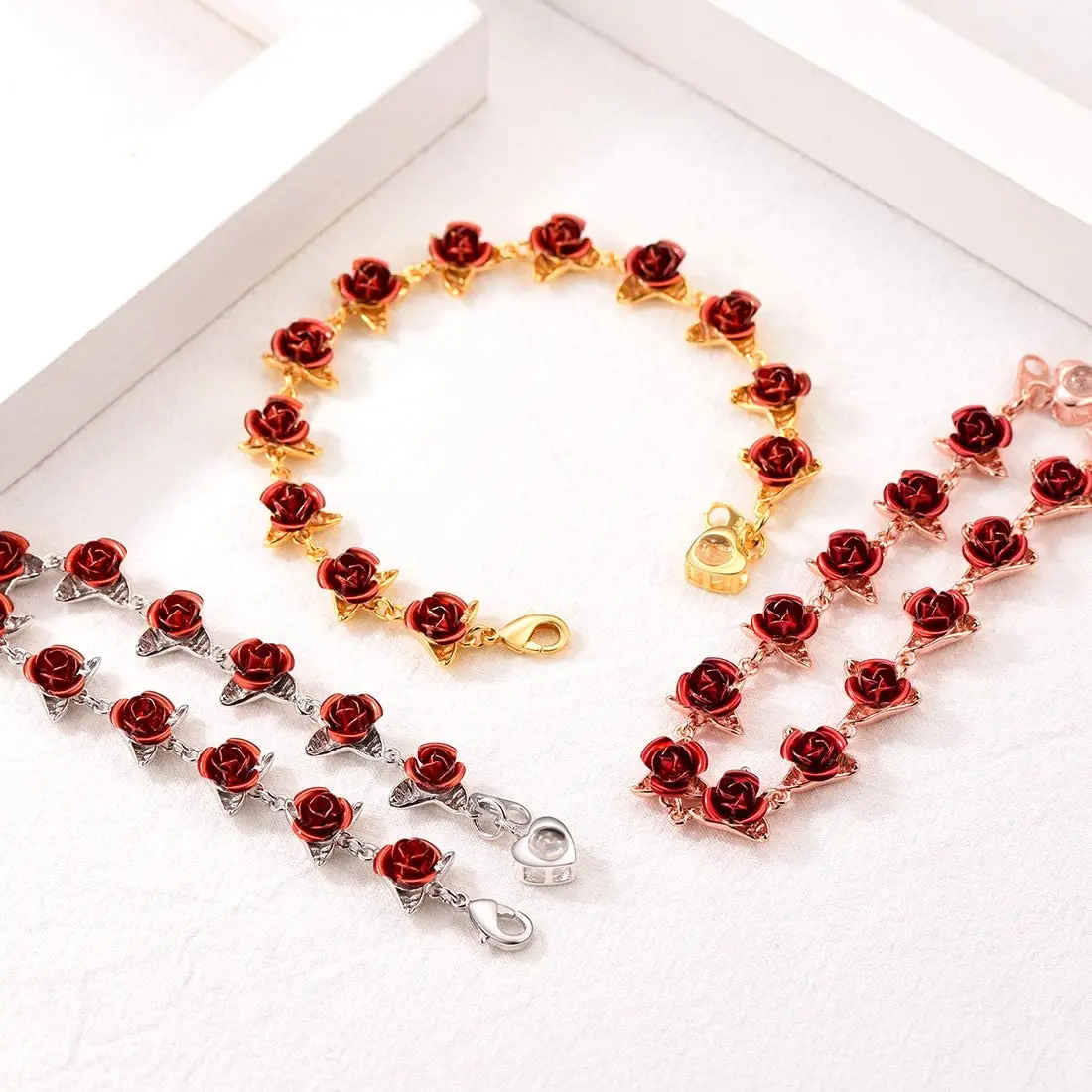 thumbnail image 2 of Rinhoo Red Rose Flower Bead Braided Rope Bracelet Adjustable Crystal Women's Jewelry 2 of 6