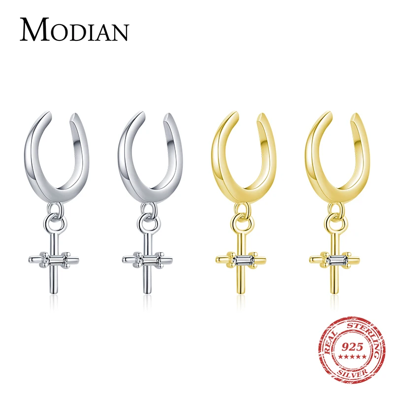 MODIAN Real 925 Sterling Silver Elegant Simple Cross Clip Earrings Fashion Swing Party Ear Cuff For Women Statement Fine Jewelry