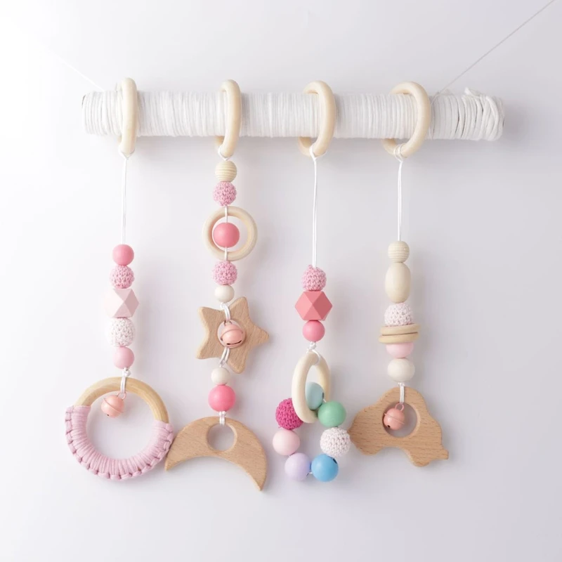 4Pcs/Set Baby Gym Frame Stroller Hanging Pendants Wooden Ring Teether Molar Teething Nursing Rattle Toys Gifts Infant Room Decor