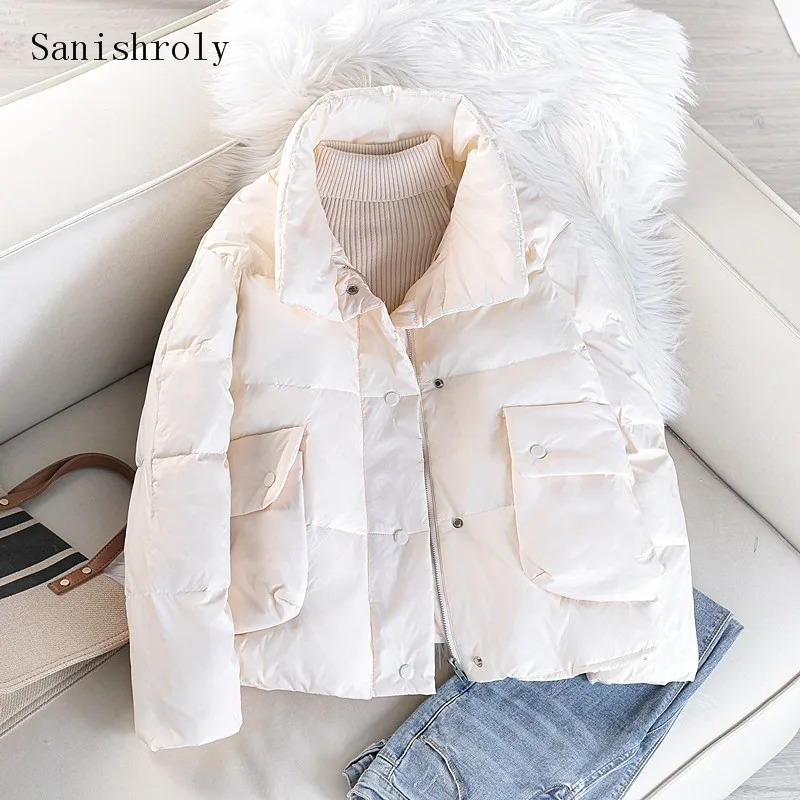 2021 Autumn Winter Coat Women Warm Thicken White Duck Down Coat Ladies Pockets Stand Collar Jacket Casual Loose Down Parkas Tops