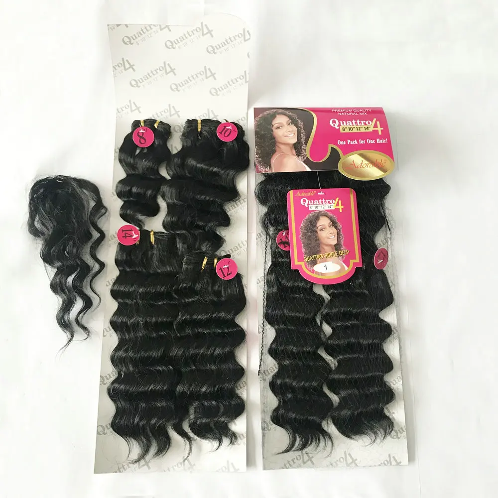 Aplique de cabelo sintético cacheado, 4 pacotes de cabelo sintético, resistência de calor macio, ondas profundas, 4 peças